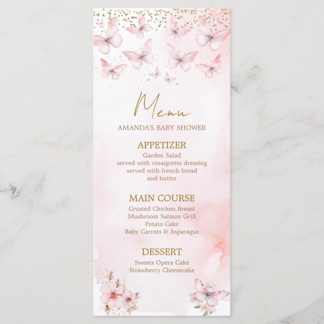 Pink Butterfly Baby Shower Girl Baby Shower Menu (Front)