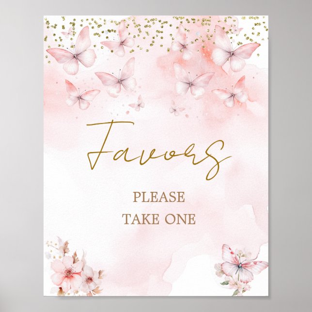 Pink Butterfly Baby Shower Girl  Favors Sign (Front)