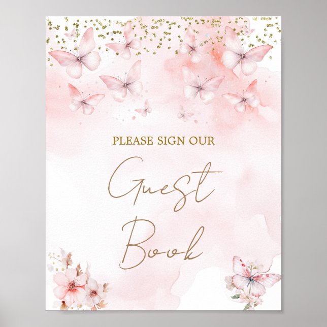 Pink Butterfly Baby Shower Girl Guest Book (Front)
