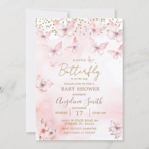 Pink Butterfly Baby Shower Girl Invitation 