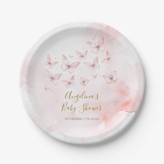 Pink Butterfly Baby Shower Girl Paper Plates (Front)