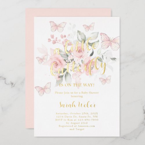 Pink Butterfly Baby Shower Girl Real Foil Foil Invitation
