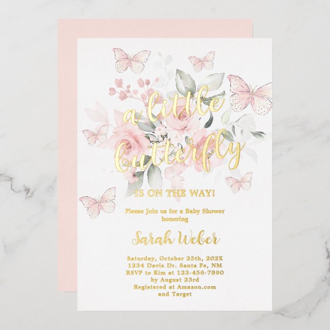 Pink Butterfly Baby Shower Girl Real Foil Invitation (Front/Back)