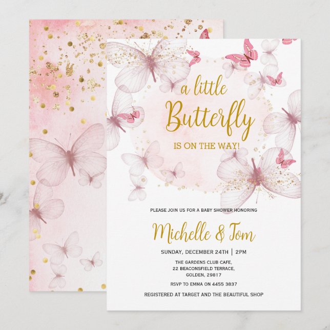 Pink Butterfly Baby Shower Invitation (Front/Back)
