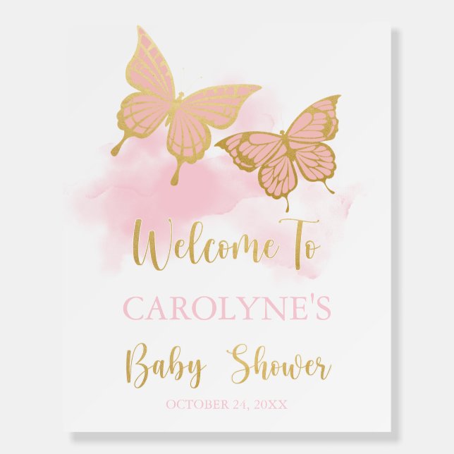 Pink Butterfly Baby Shower Invitation Welcome Foam Board (Front)