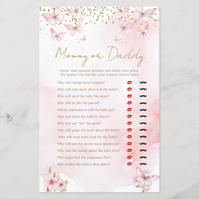 Pink Butterfly Baby Shower Mommy or Daddy Game (Front)
