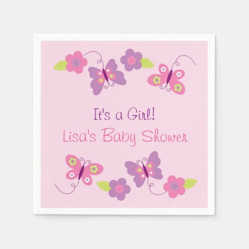 Pink Butterfly Baby Shower Paper Napkins