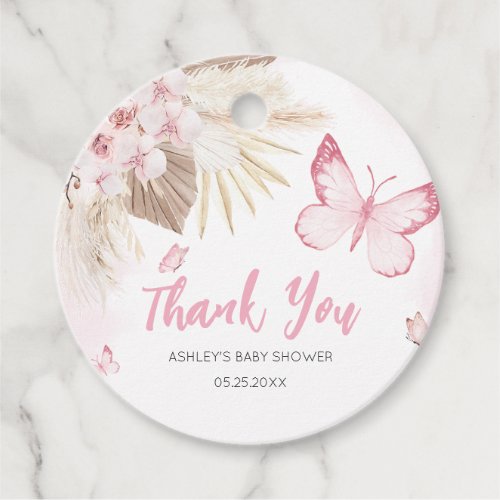 Pink Butterfly Baby Shower Round Favor Tags
