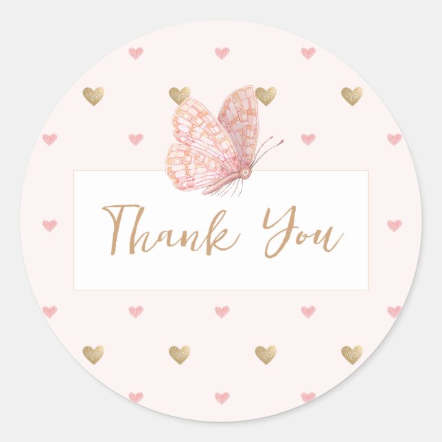 Pink Butterfly Baby Shower Thank You Classic Round Sticker (Front)