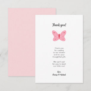 Pink Butterfly baby shower thank you note