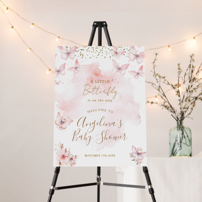 Pink Butterfly Baby Shower Welcome Foam Board (In Situ (Stand))