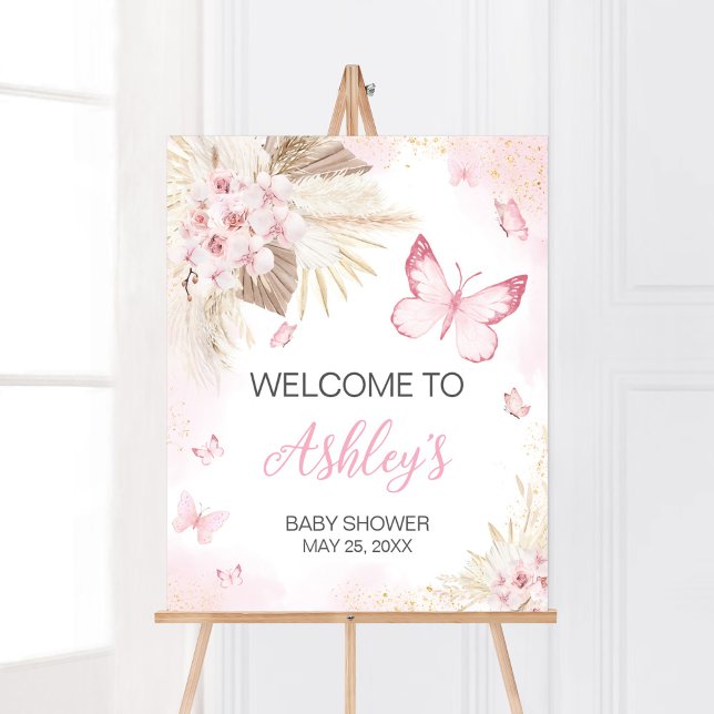 Pink Butterfly Baby Shower Welcome Poster (Girl Butterfly Pampas Grass Baby Shower Welcome Sign)