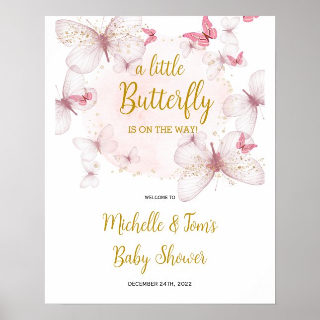 Pink Butterfly Baby Shower Welcome Sign (Front)