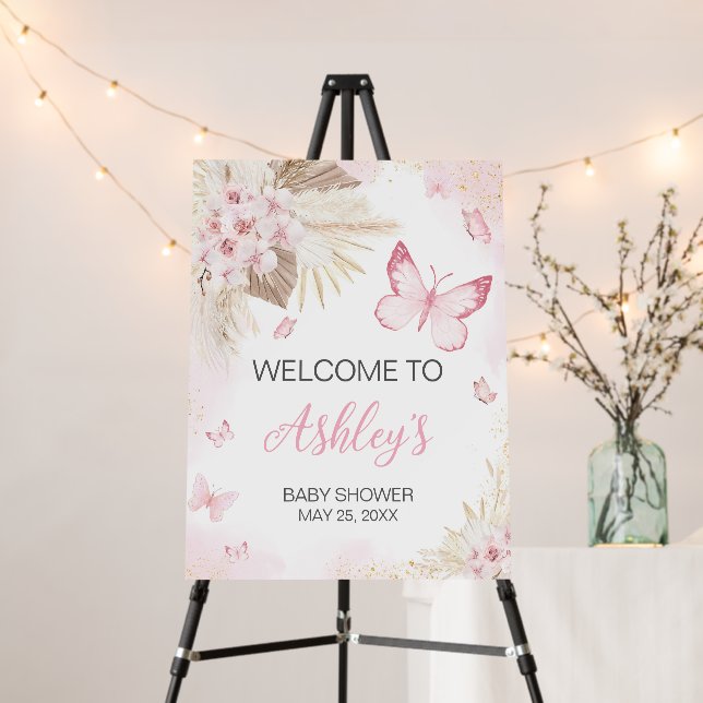 Pink Butterfly Baby Shower Welcome Sign (In Situ (Stand))