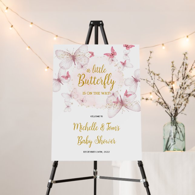 Pink Butterfly Baby Shower Welcome Sign (In Situ (Stand))