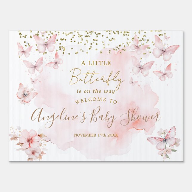 Pink Butterfly Baby Shower Welcome Yard Sign (Front)