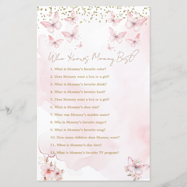 Pink Butterfly Baby Shower Who Knows Mommy Best (Front)