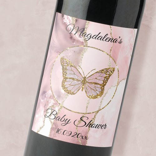 pink butterfly baby shower wine label