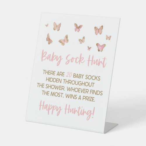 Pink Butterfly Baby Sock Hunt Baby Shower Game Pedestal Sign