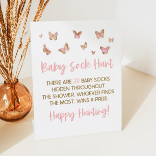 Pink Butterfly Baby Sock Hunt Baby Shower Game Pedestal Sign