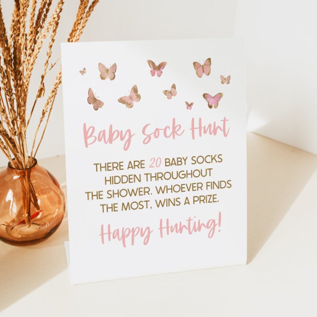 Pink Butterfly Baby Sock Hunt Baby Shower Game Pedestal Sign (Creator Uploaded)