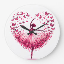 Pink Butterfly Ballerina Heart Wall Clock – Elegan