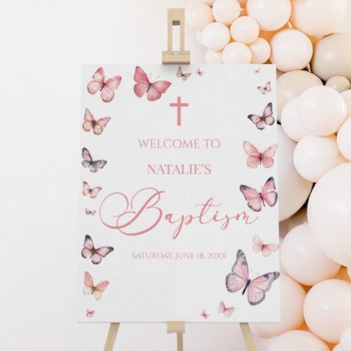 Pink Butterfly Baptism Celebration Welcome Sign