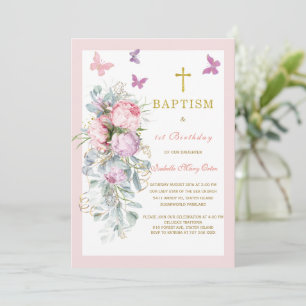 Pink Butterfly  Baptism First Birthday Invitation