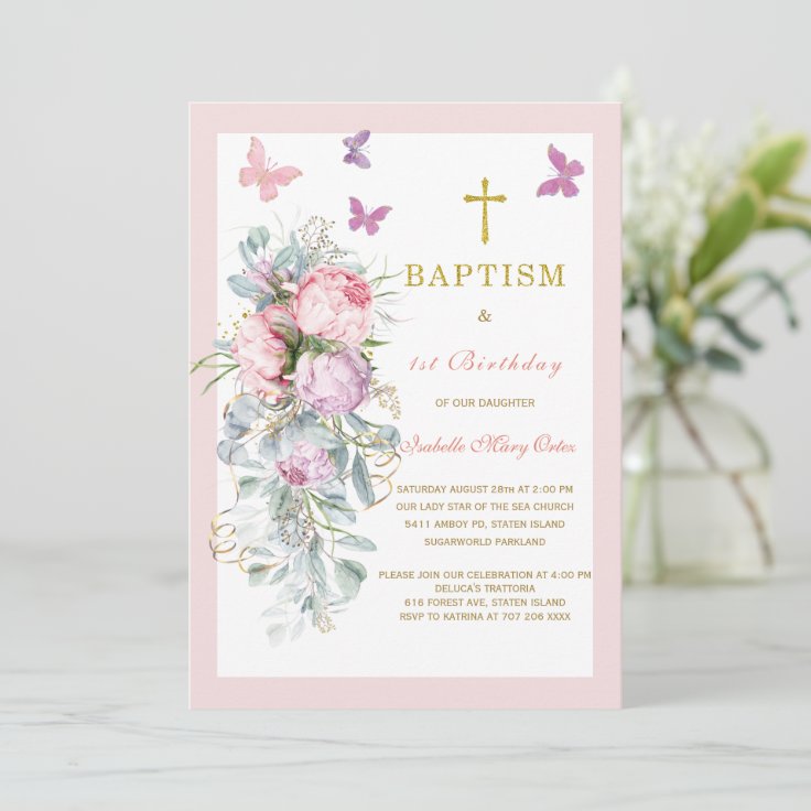 Pink Butterfly Baptism First Birthday Invitation Zazzle