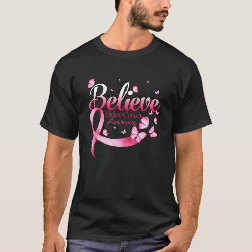 Pink Butterfly Believe Breast Cancer Awareness T_Shirt