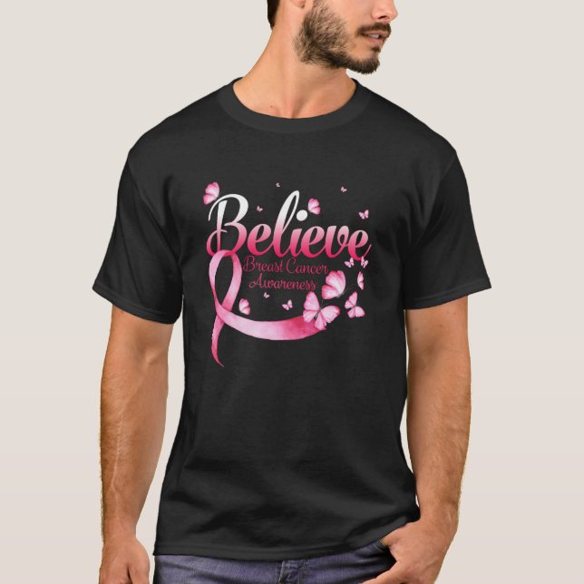 Pink Butterfly Believe Breast Cancer Awareness T-Shirt (Front)