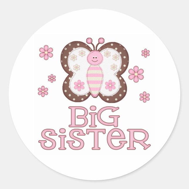 Pink Butterfly Big Sister Classic Round Sticker (Front)
