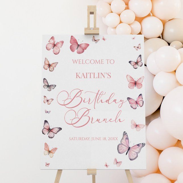 Pink Butterfly Birthday Brunch Party Welcome Sign (Creator Uploaded)