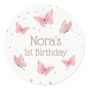 Pink Butterfly Birthday  Classic Round Sticker