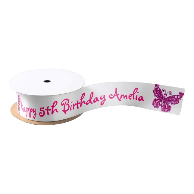 Pink butterfly birthday name ribbon (Spool)