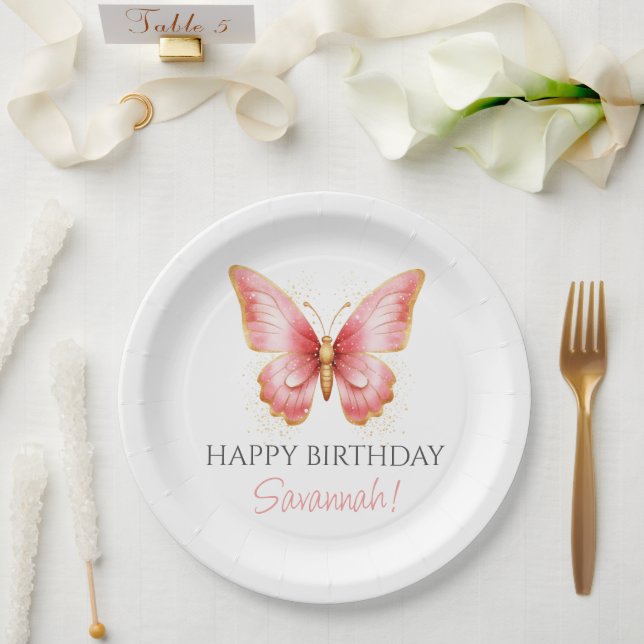 Pink Butterfly Birthday Paper Plates (Wedding)
