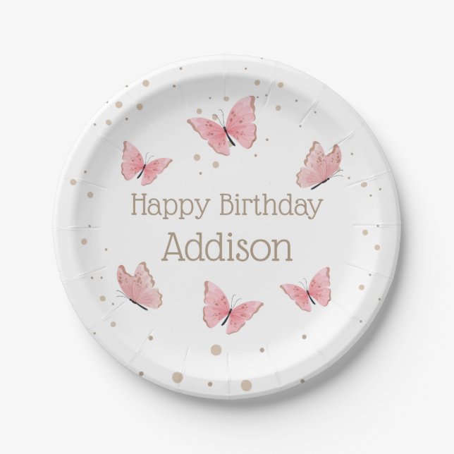 Pink Butterfly Birthday  Paper Plates (Front)