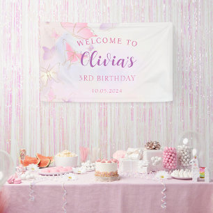 Pink Butterfly Birthday Party Banner