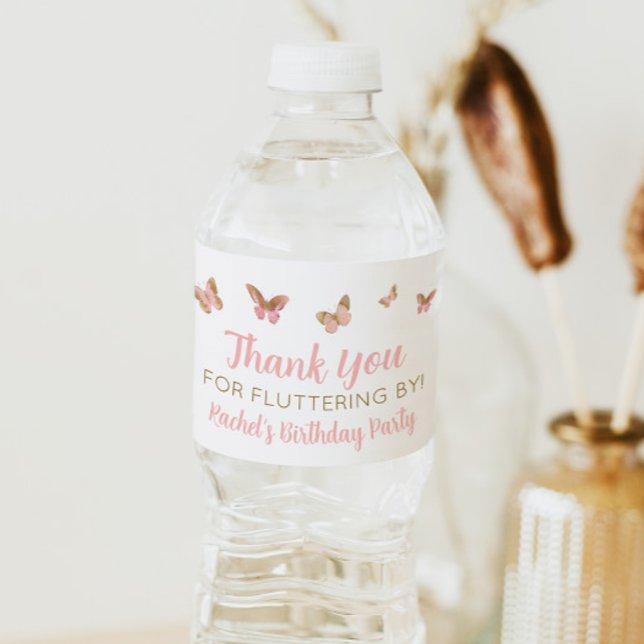 Pink Butterfly Birthday Party Favor Water Bottle L Water Bottle Label (Creator Uploaded)