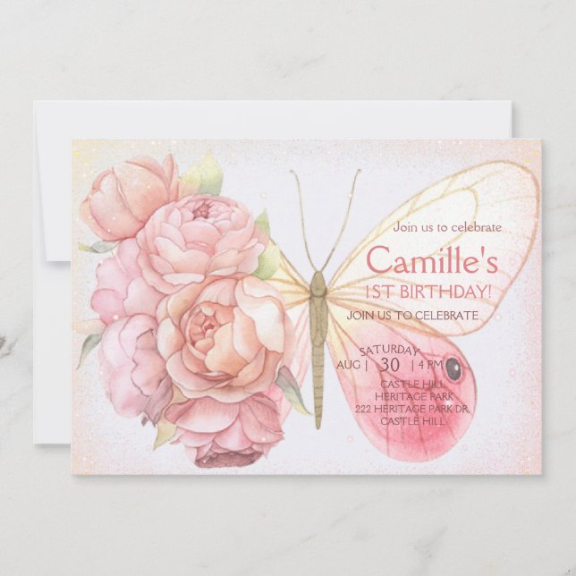Pink Butterfly Birthday Party Floral Girl Invitation (Front)