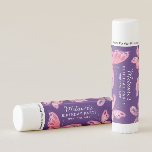 Pink Butterfly Birthday Party Lip Balm Favor (Front)