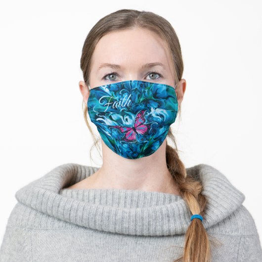 Pink Butterfly & Blue Flowers Adult Cloth Face Mask (Worn)