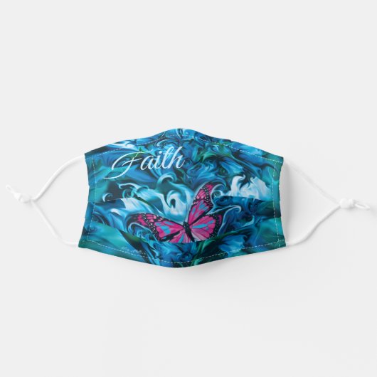 Pink Butterfly & Blue Flowers Adult Cloth Face Mask (Front, Unfolded)