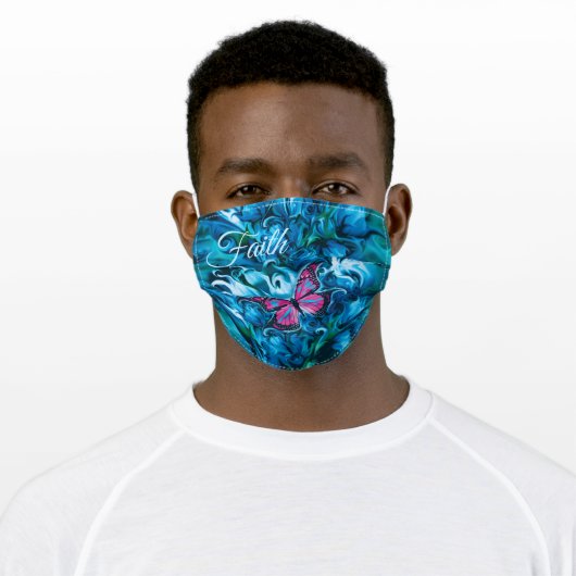 Pink Butterfly & Blue Flowers Adult Cloth Face Mask (Worn)