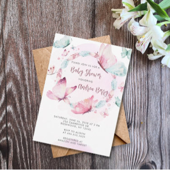 Pink Butterfly Boho Baby Shower Invitation by lilanab2 at Zazzle
