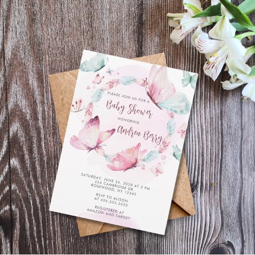 Pink Butterfly Boho Baby Shower Invitation