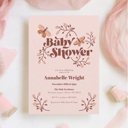 Pink Butterfly Boho Baby Shower Invitation