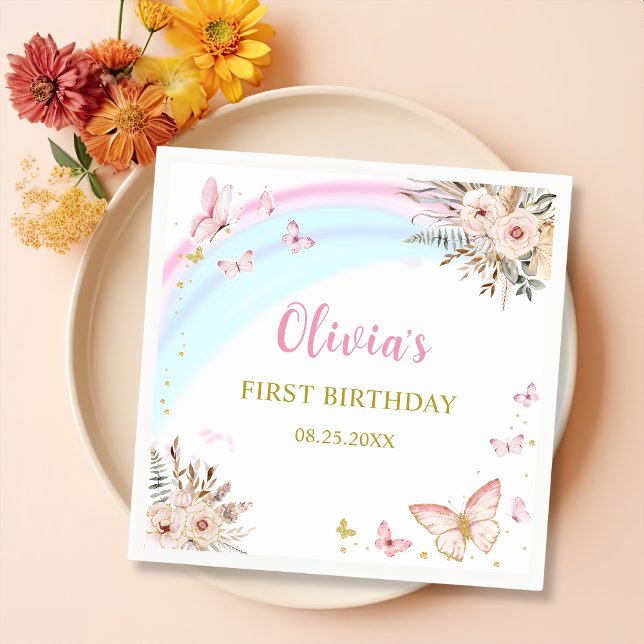 Pink Butterfly Boho Floral Birthday Party  Napkins (Creator Uploaded)