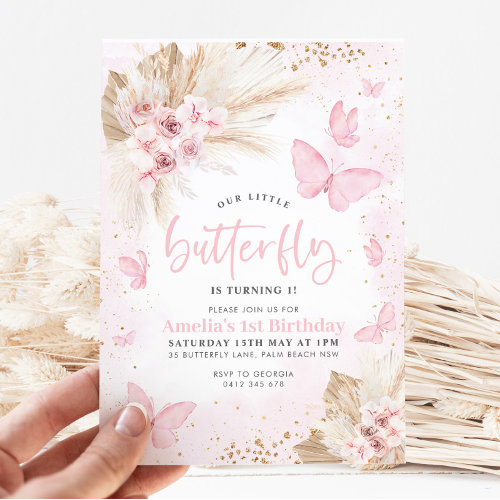 Pink Butterfly Boho Flowers 1st Birthday Floral 