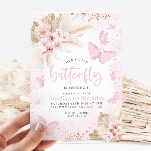 Pink Butterfly Boho Flowers 1st Birthday Floral  Invitation